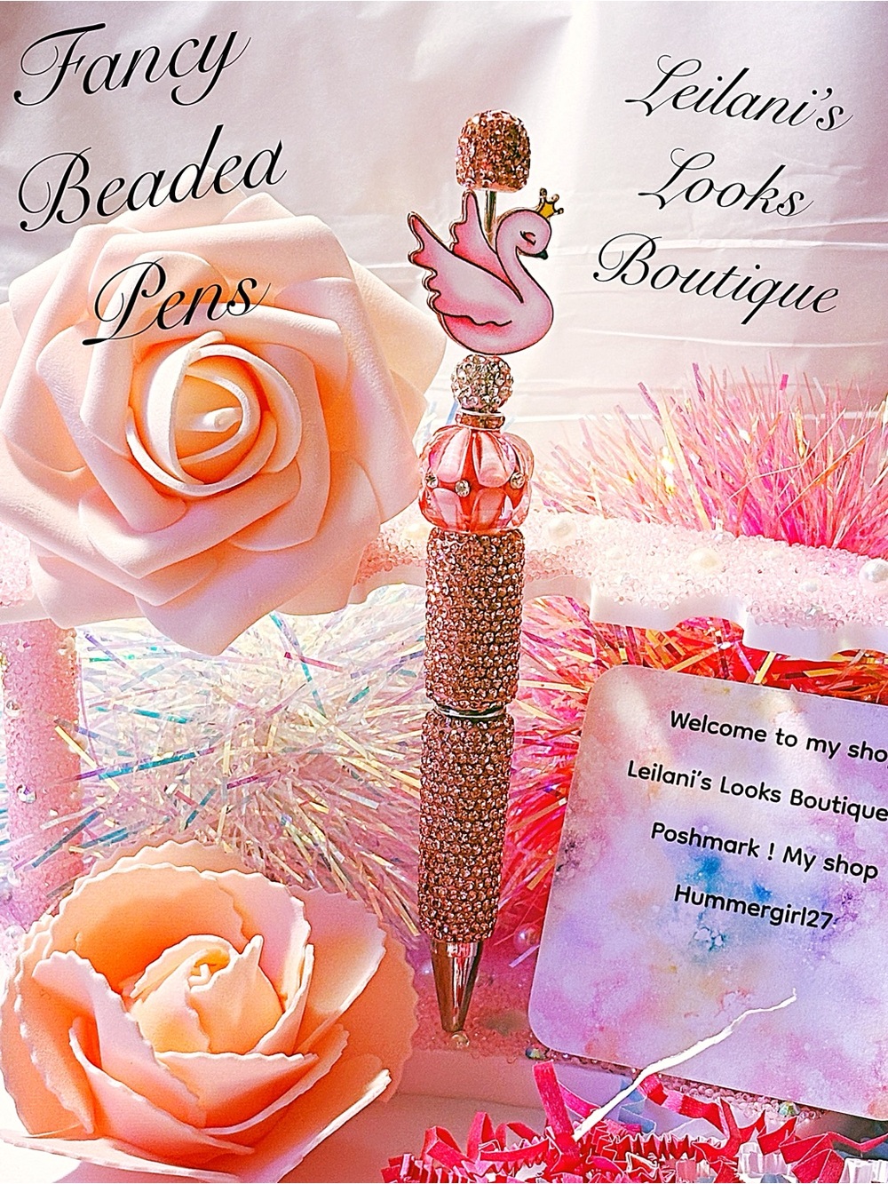 Pink Beaded Swan Top Rhinestone Pen/Fancy beaded Pen/gifts